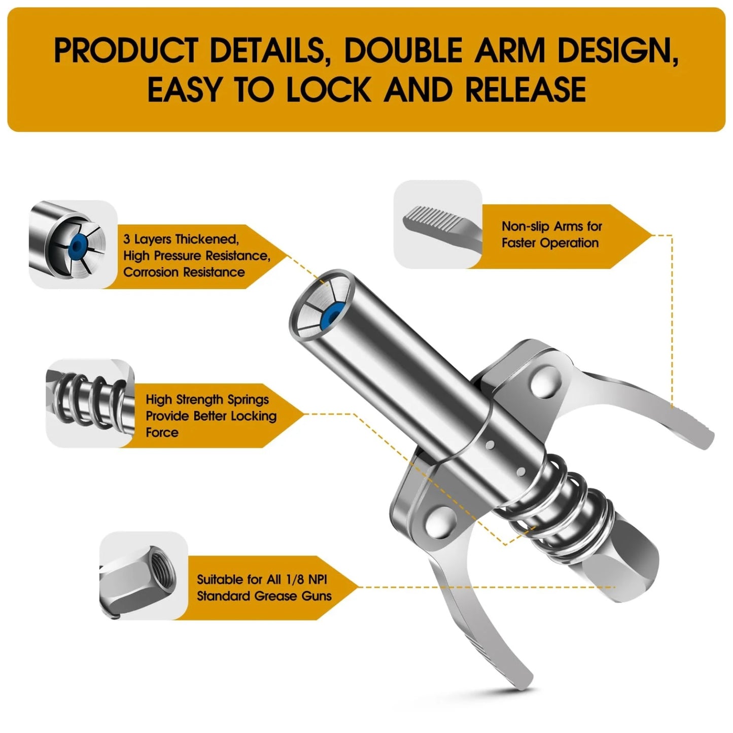 Double Handles Grease Gun Coupler Tip 6 Thickened Jaws